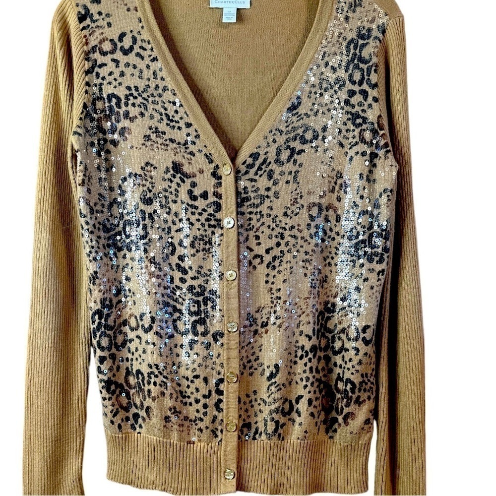 Charter Club Leopard Print Beige Black Sequin Button Down Long Sleeve Cardigan